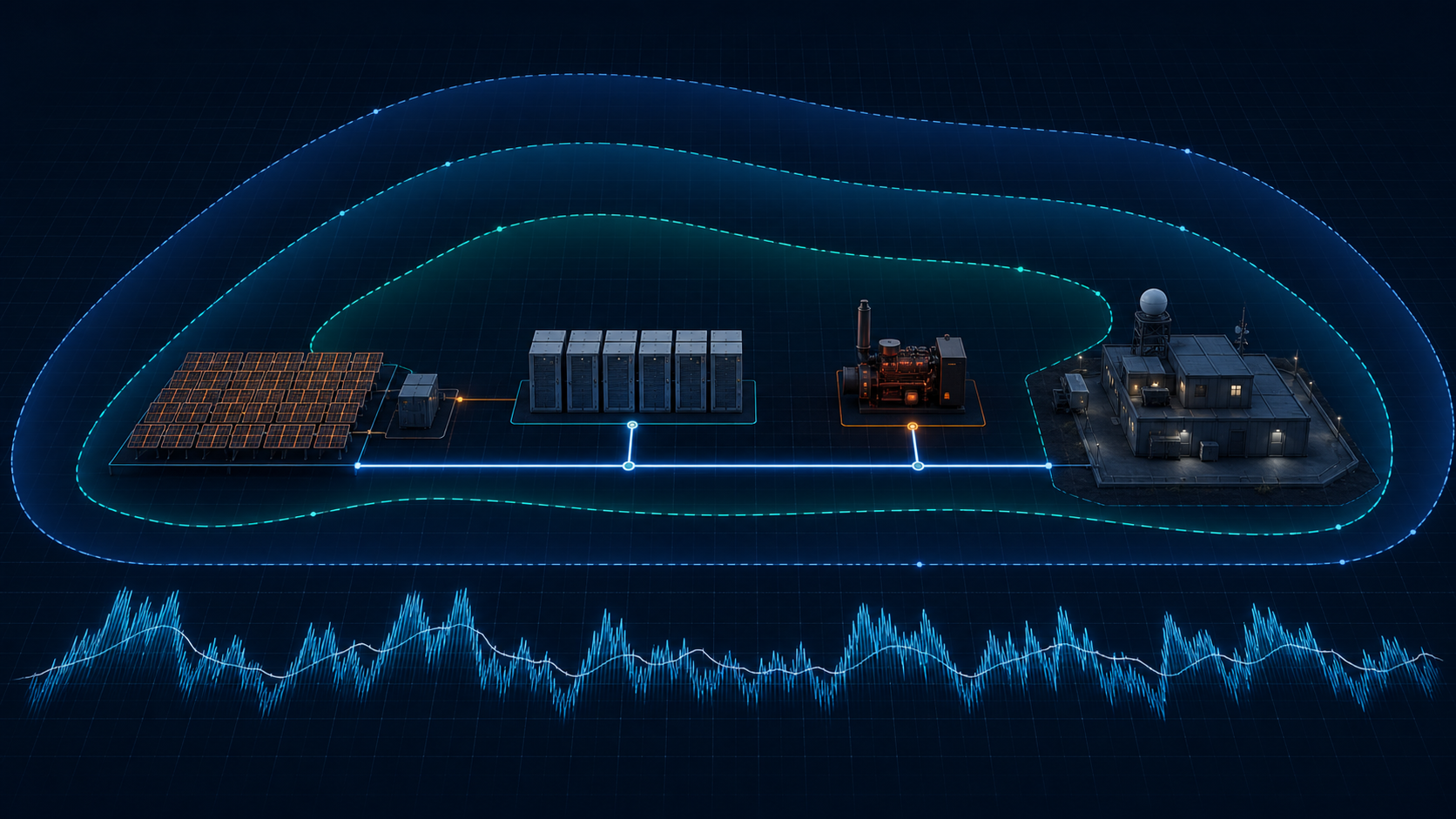 Dark engineering sizing diagram connecting solar PV, battery storage, diesel generation, an island facility, capacity envelopes, and an hourly dispatch trace.