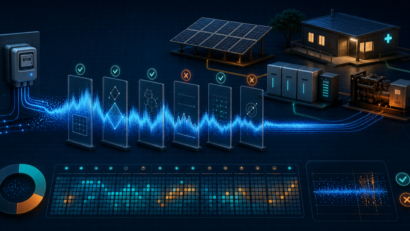 Dark engineering-instrument view of an hourly demand waveform passing through data-quality gates before reaching solar, battery, diesel, and a remote clinic.