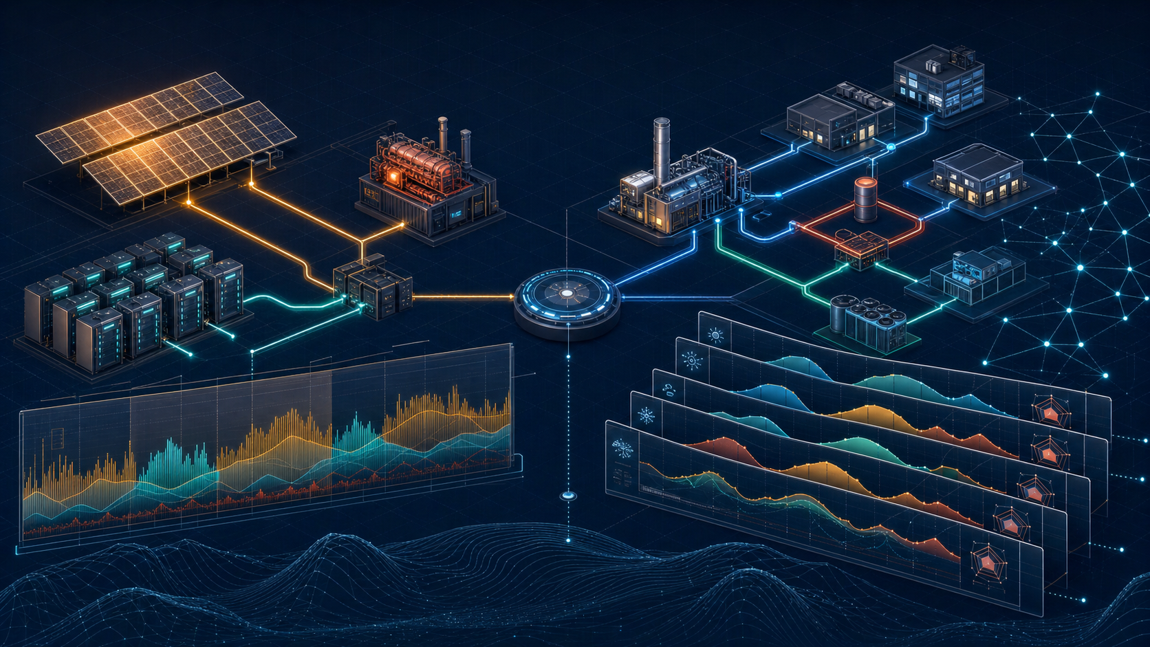 Dark engineering-instrument microgrid workspace connecting chronological solar, battery, and diesel dispatch with multi-energy planning networks and representative-day panels.