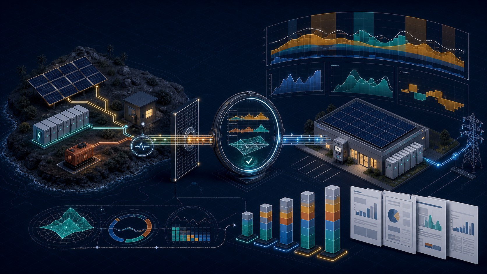 Dark engineering-instrument workflow connecting an islanded solar, battery, and diesel feasibility model with commercial solar-storage tariff analysis and proposal scenarios.