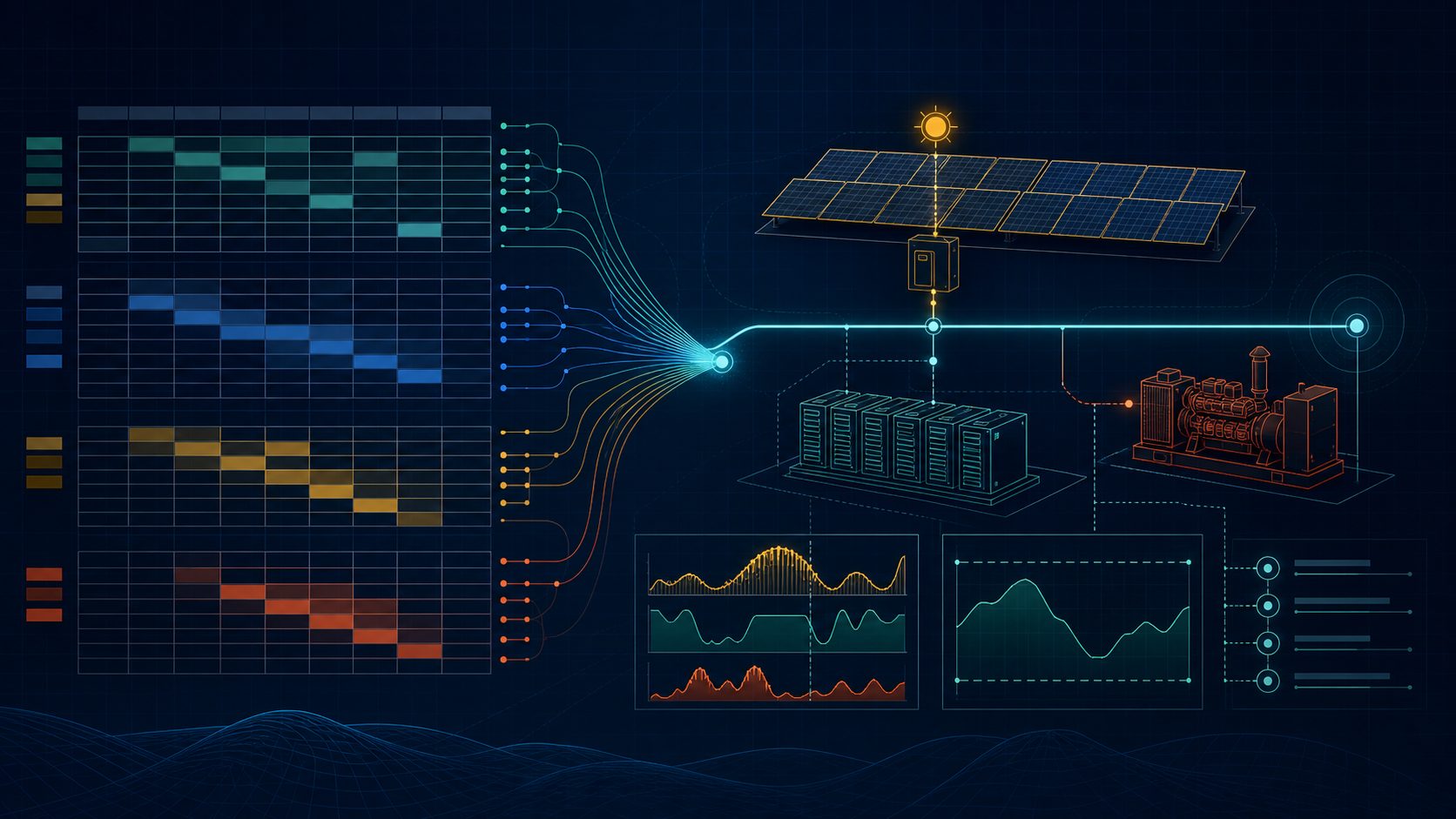 Dark engineering-instrument workspace comparing a spreadsheet grid with hourly solar, battery, and diesel microgrid dispatch.