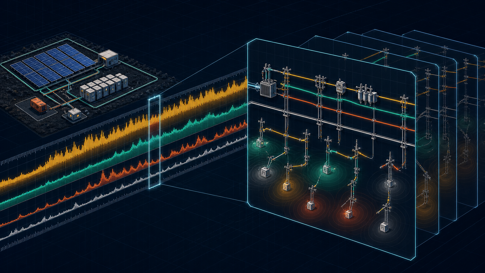 Dark engineering-instrument handoff from a chronological off-grid solar, battery, and diesel model to an unbalanced multi-phase distribution circuit.