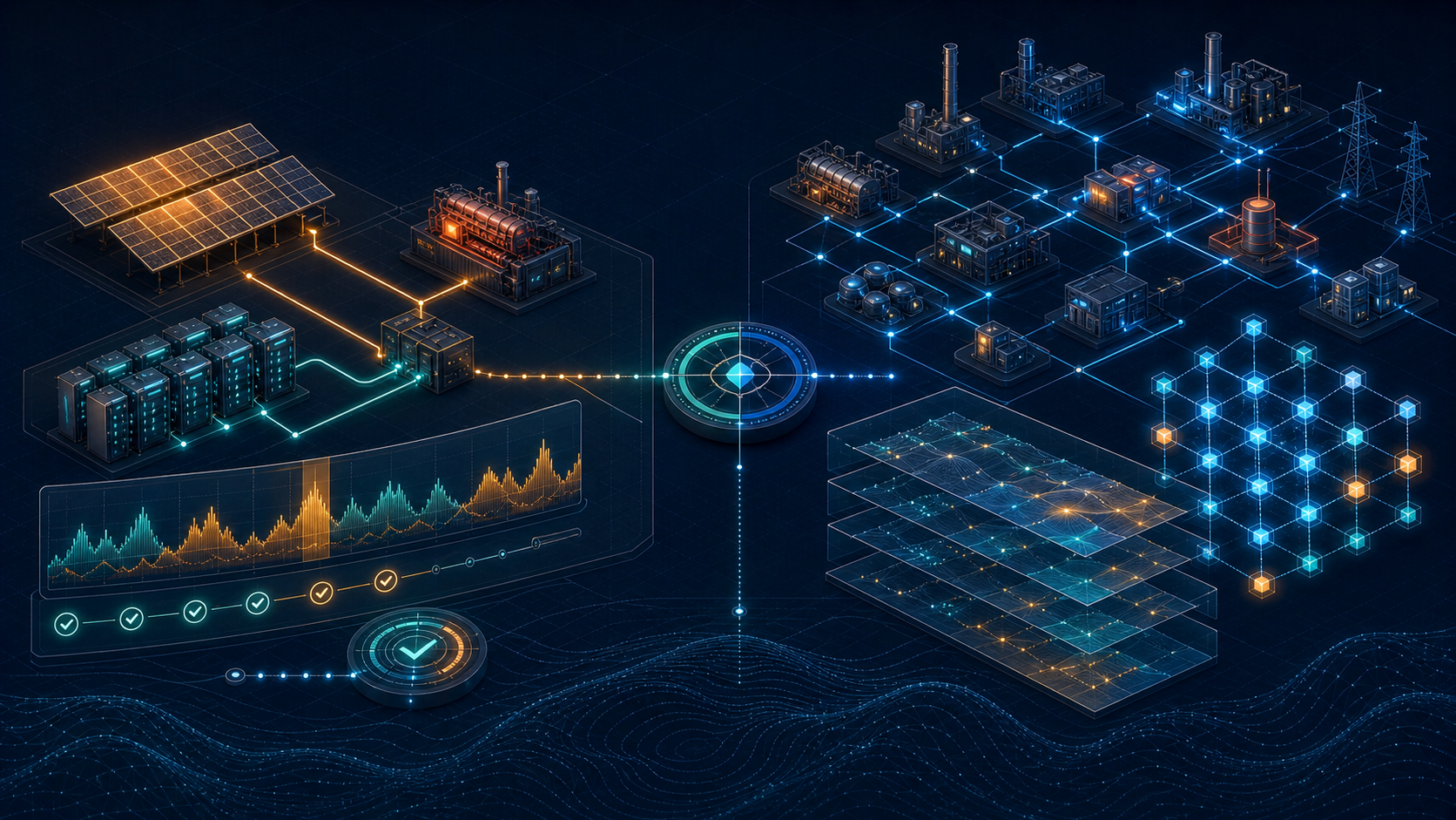 Dark engineering-instrument comparison between a chronological solar, battery, and diesel site model and a programmable multi-node power-system optimization network.
