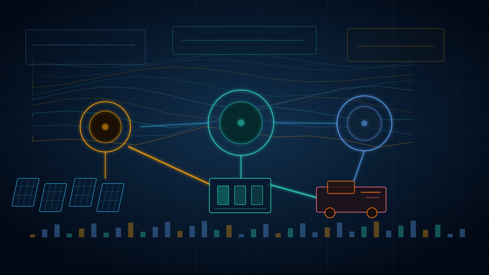Dark engineering-instrument microgrid comparison scene with solar, battery, diesel, dispatch curves, and audit traces.