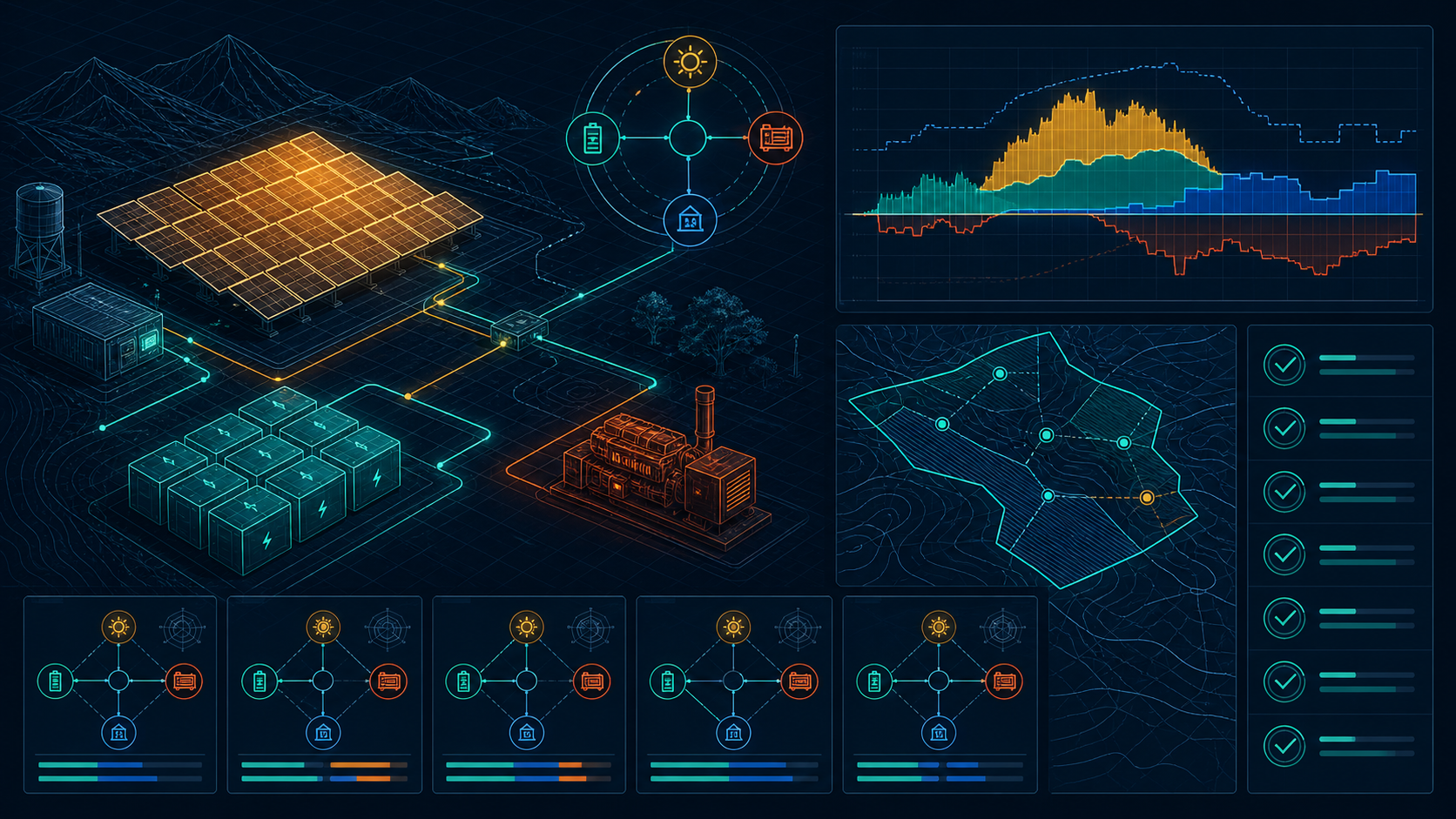 Dark engineering-instrument microgrid planning workspace with solar, battery, diesel, dispatch traces, portfolio nodes, and audit markers.
