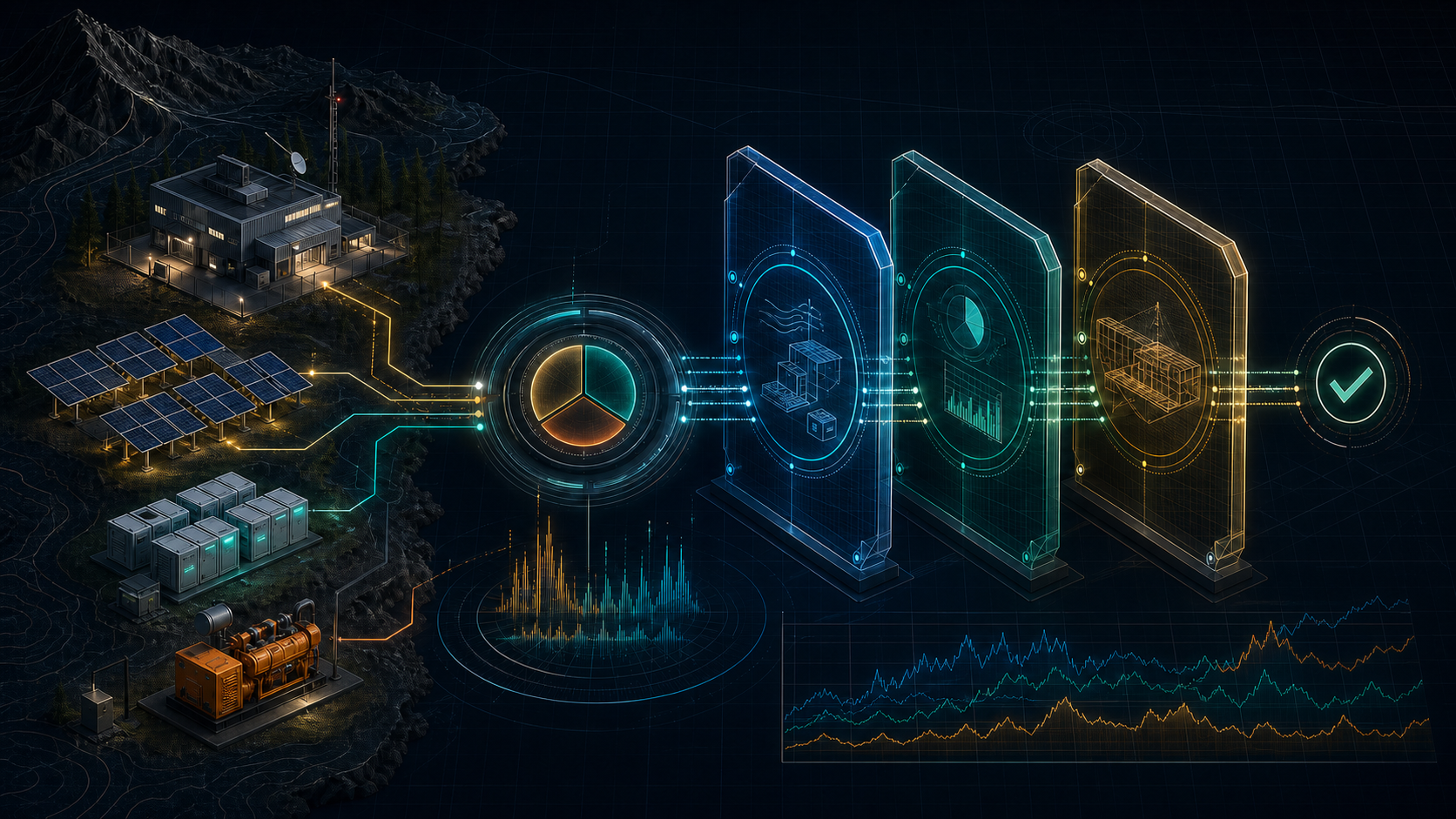 Dark engineering workflow showing a remote critical facility, solar PV, battery storage, diesel backup, hourly dispatch, and feasibility review gates.